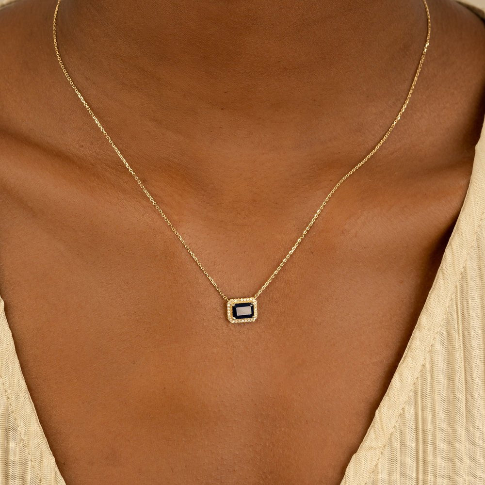 Solid Gold Blue Sapphire Diamond Necklace (B6BC3D)