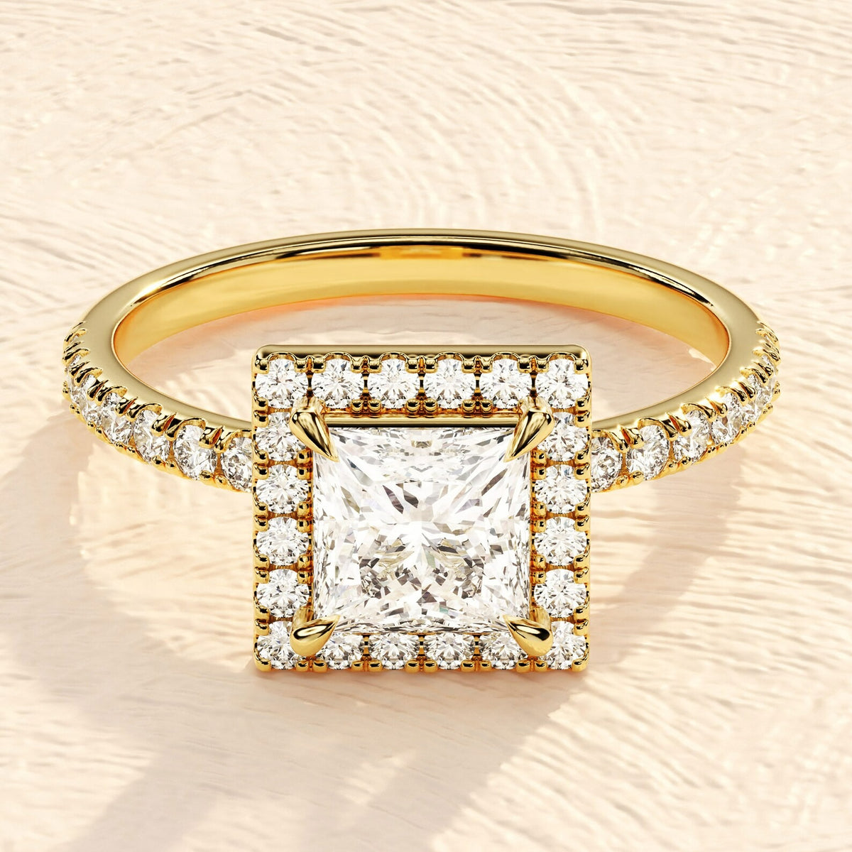 Gold Cushion Cut Halo Solitaire Ring 2 ct Lab Grown Diamond Engagement Ring