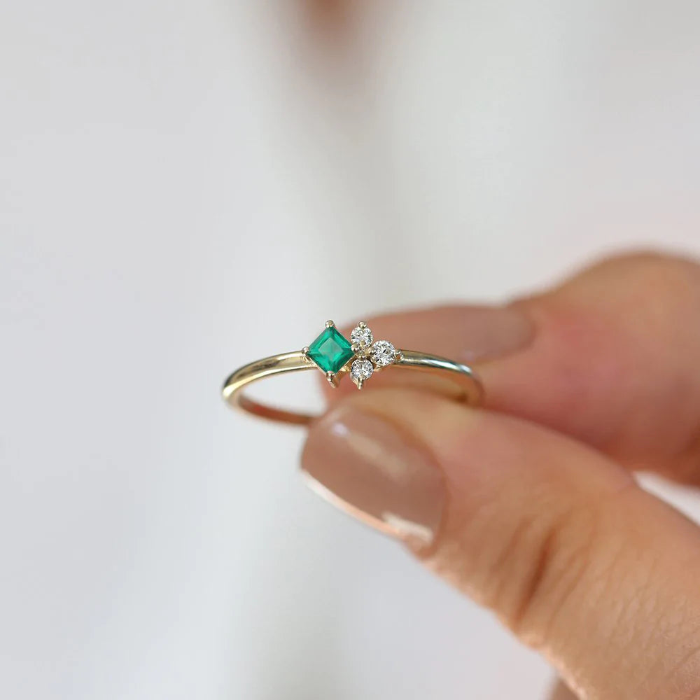 Solid Gold Dainty Princess Cut Emerald and Diamond Ring