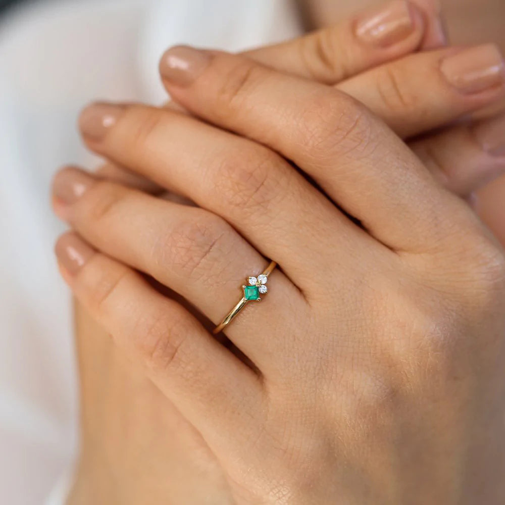 Solid Gold Dainty Princess Cut Emerald and Diamond Ring