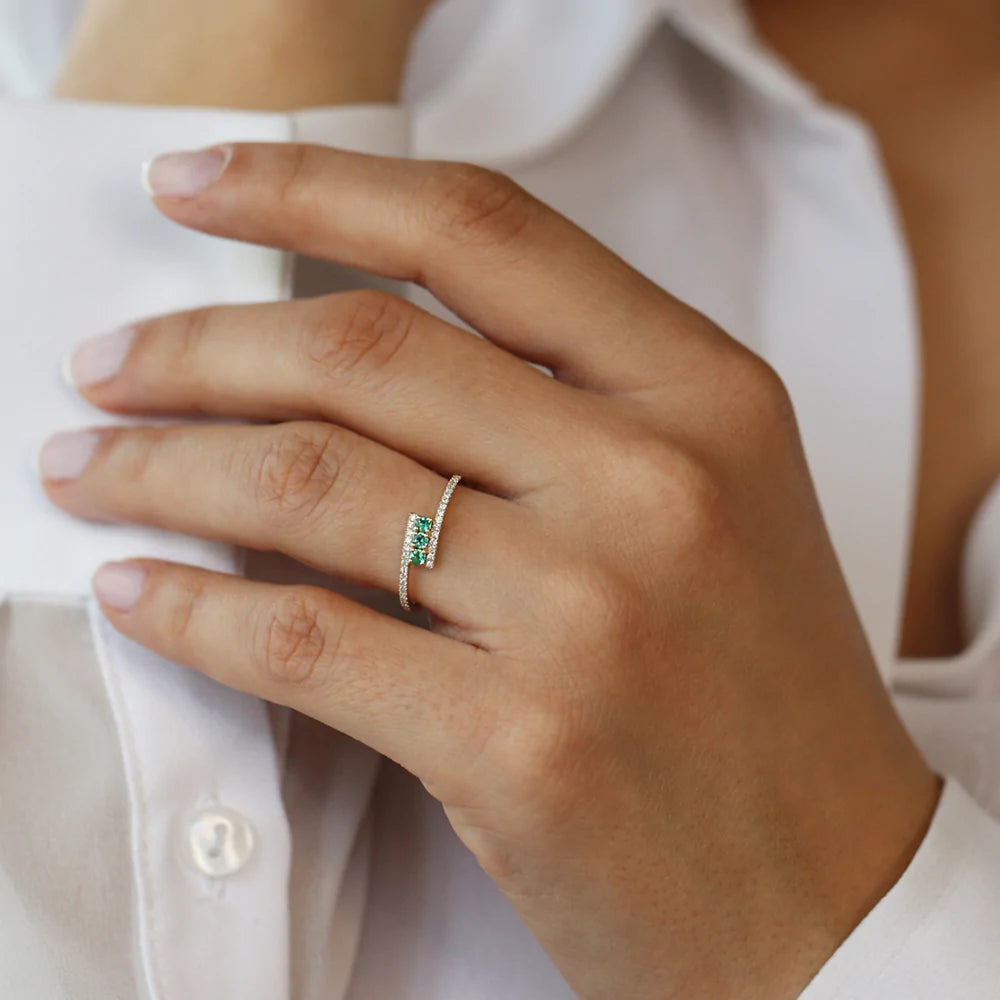 Solid Gold Cross Over Diamond Ring with Round Emeralds