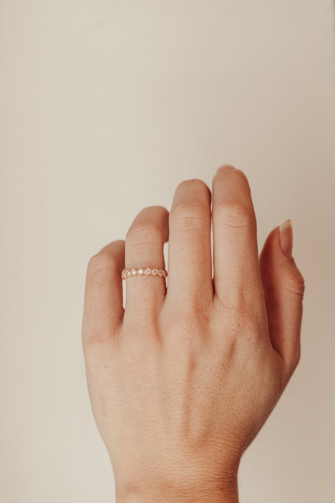 Solid Gold Hexagon Milgrain Diamond Band