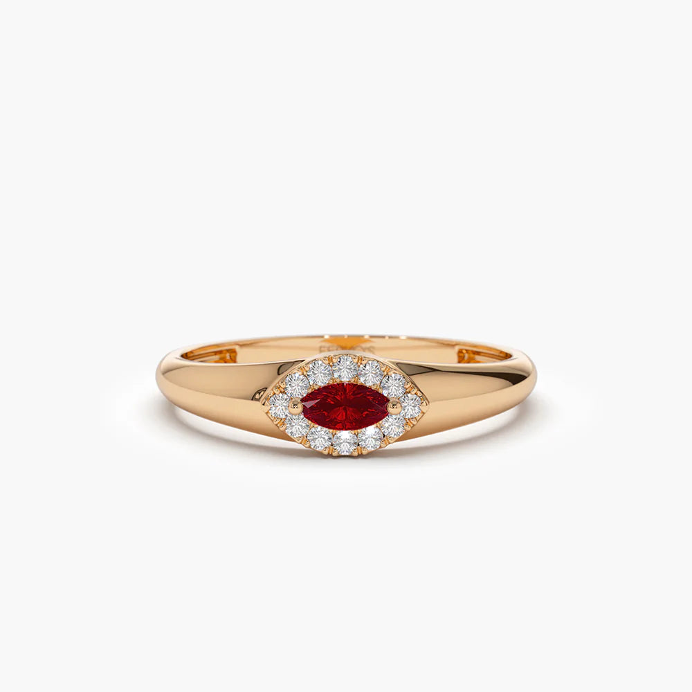 Solid Gold Marquise Ruby Ring in Halo Setting