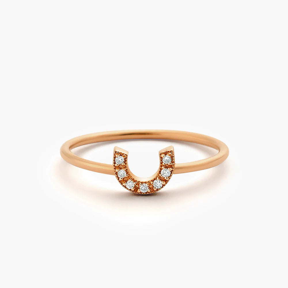 Solid Gold Horseshoe Ring with Round Cut White Diamonds