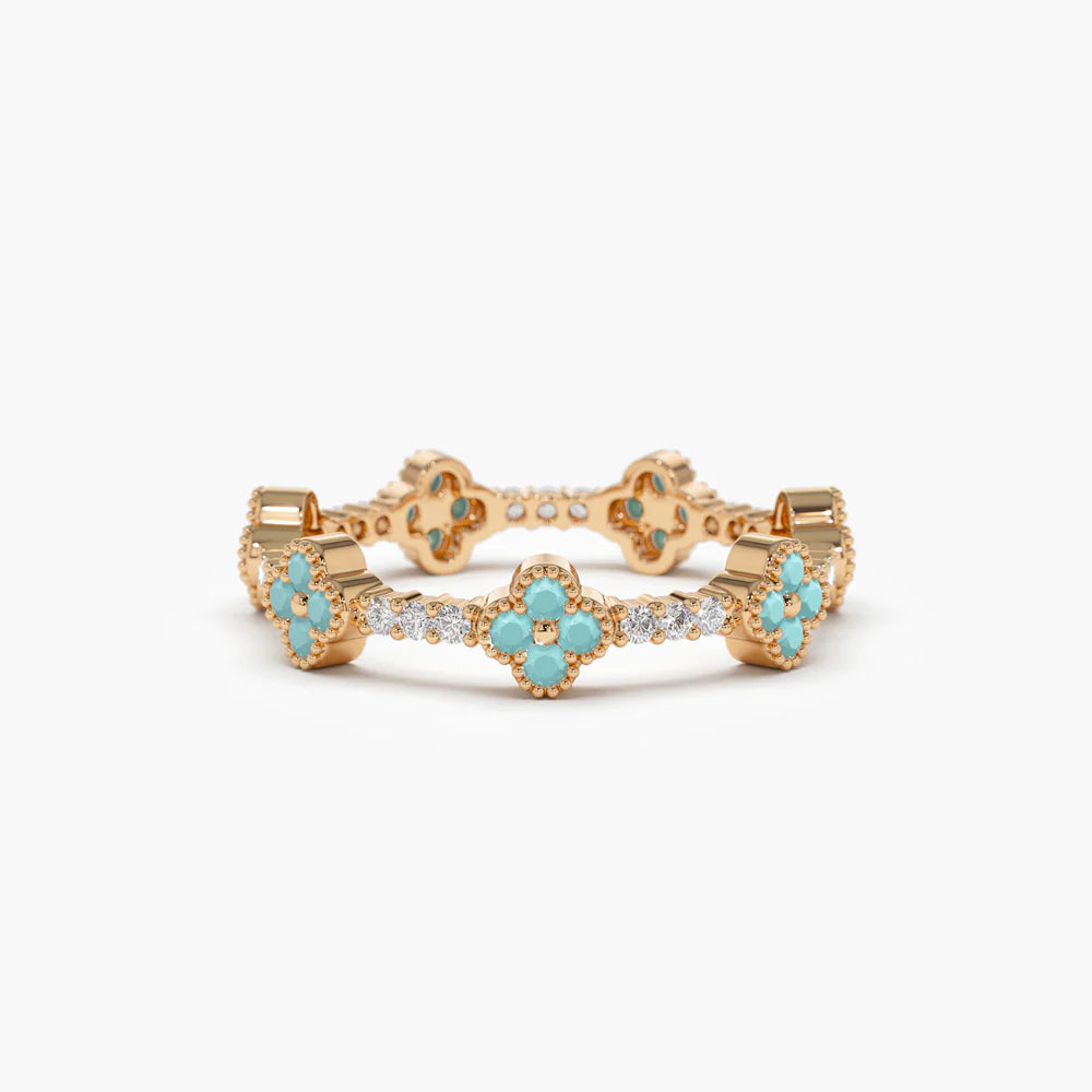 Solid Gold Full Eternity Clover Turquoise and Diamond Ring
