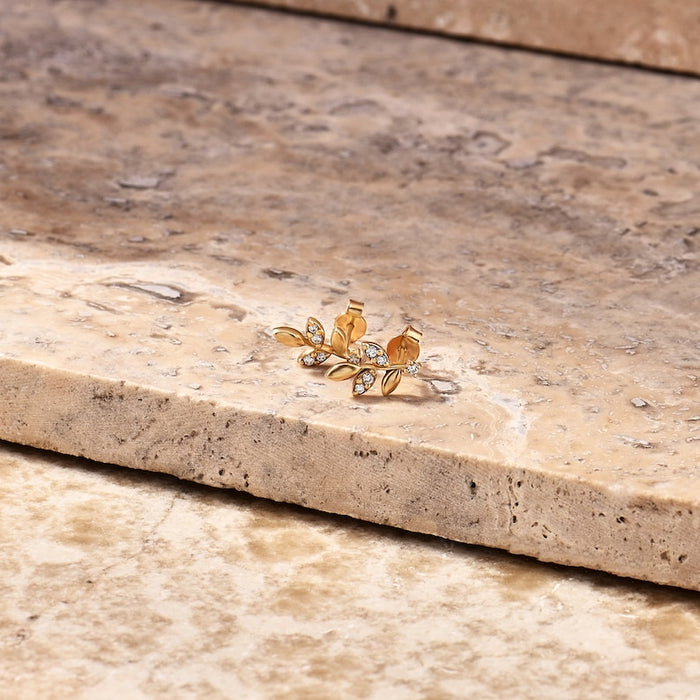 Solid Gold Diamond Leaf Gold Earring