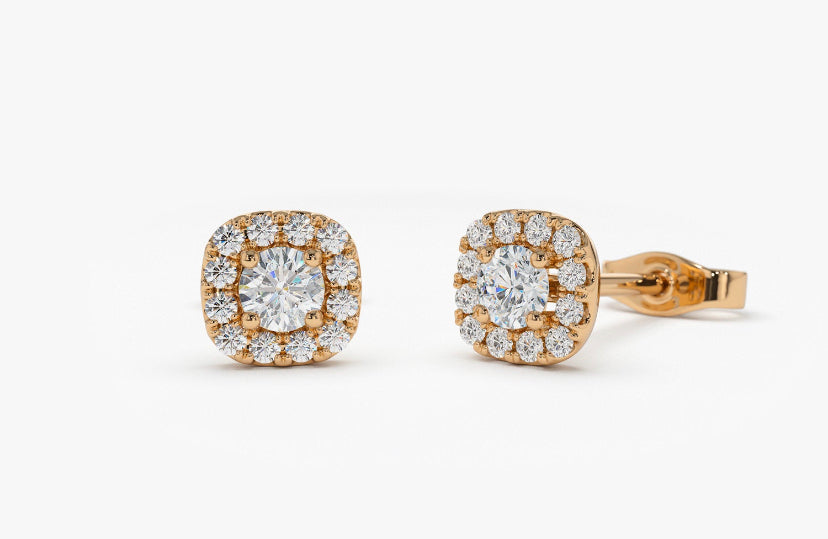 Solid Gold Halo Moissanite Diamond Studs