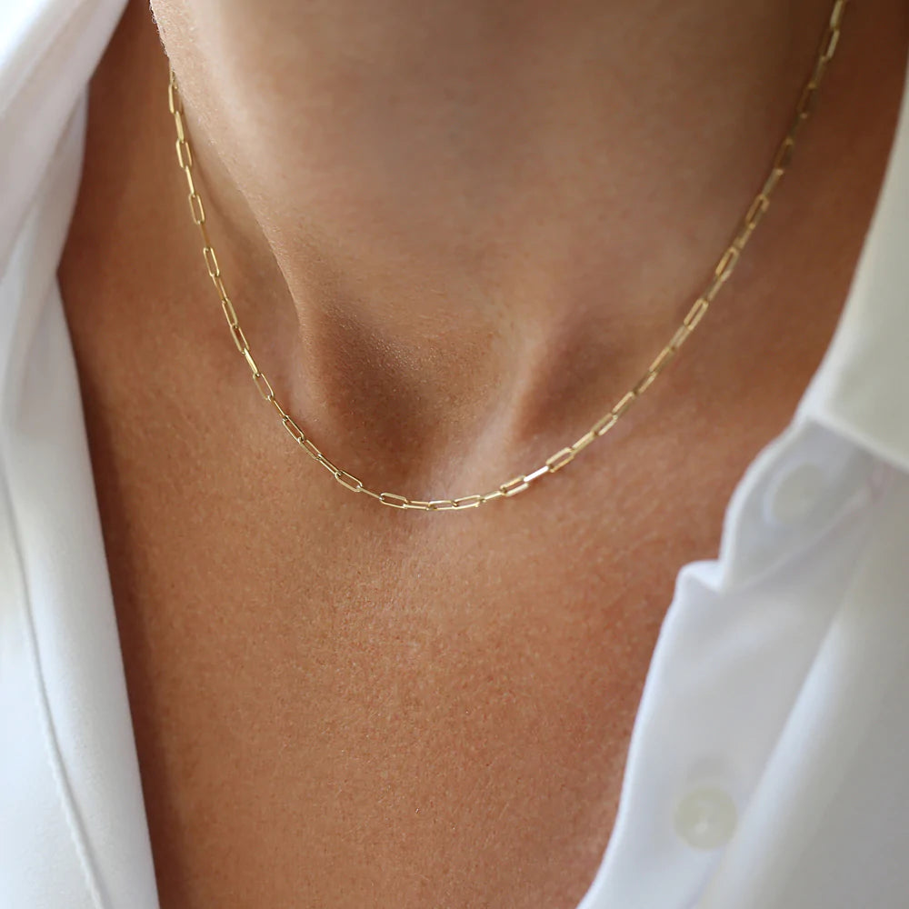 Solid Gold Tiny Paper Clip Link Necklace