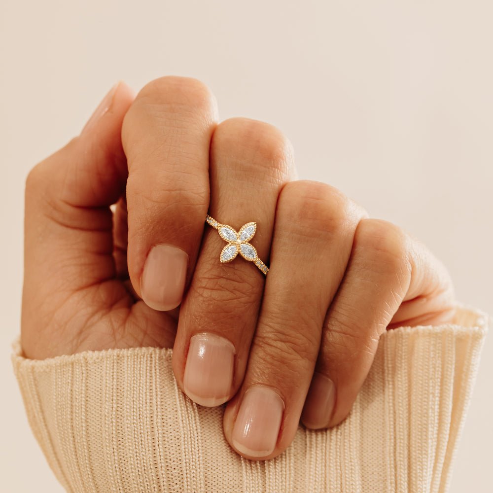 14K Solid Gold Natural Diamond Clover Ring