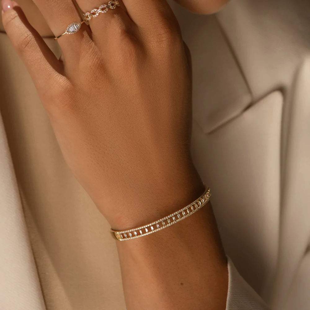 Solid Gold Baguette & Round Diamond Bangle Bracelet