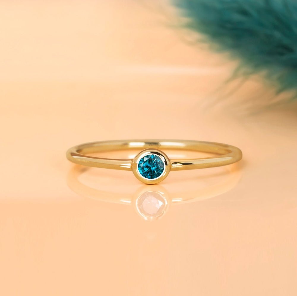 18K Solid Gold Natural Blue Diamond Bezel Ring
