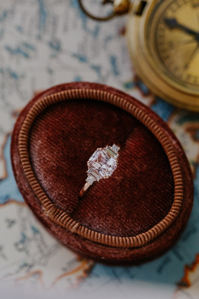 Stone Ring - The Caspian 1.30 ct Emerald Cut Pink Sapphire & Diamond Side
