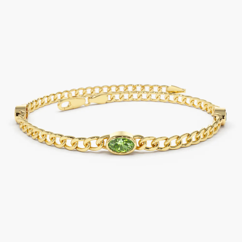 Solid Gold Cuban Link Bracelet Bezel Setting Peridot Bracelet