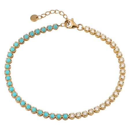 Solid Gold Half Turquoise And Diamond Tennis Bracelet