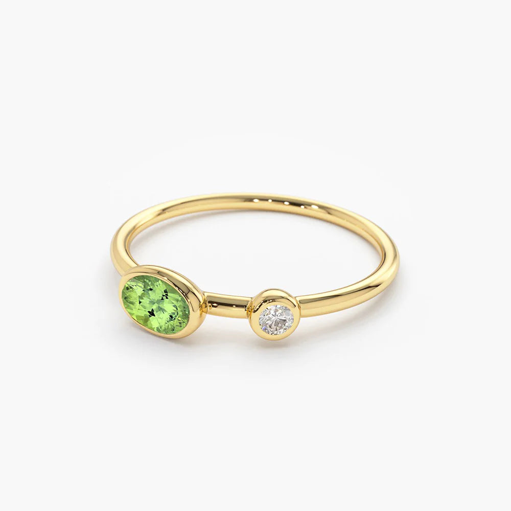 Solid Gold Oval Peridot and Diamond Ring