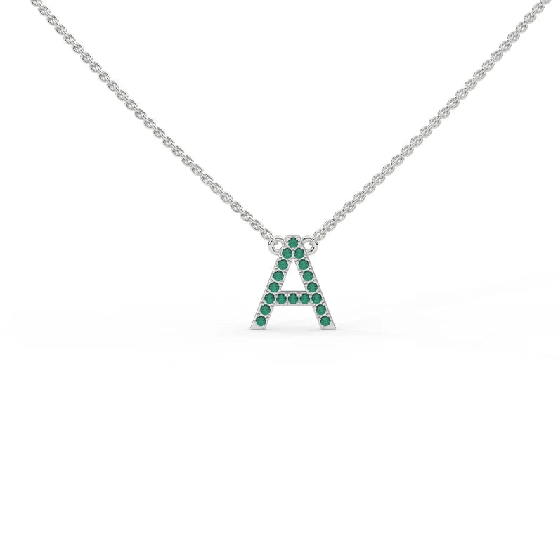 Solid Gold Natural Emerald Initial Necklace