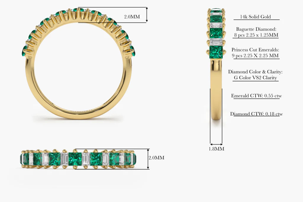 Solid Gold Unique Princess Cut Emerald and Baguette Diamond Ring