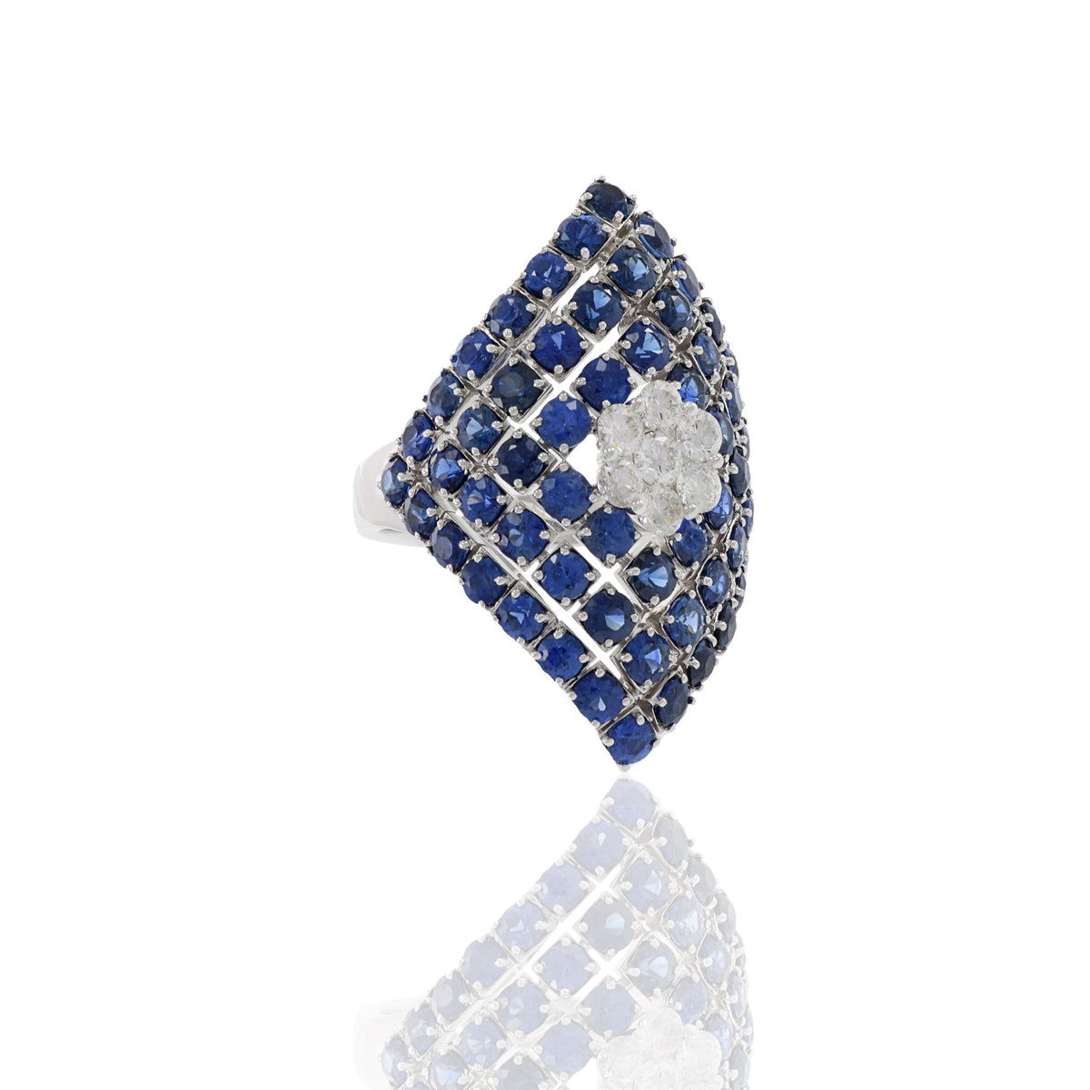 Solid Gold Blue Sapphire And Diamond Flower Center Ring