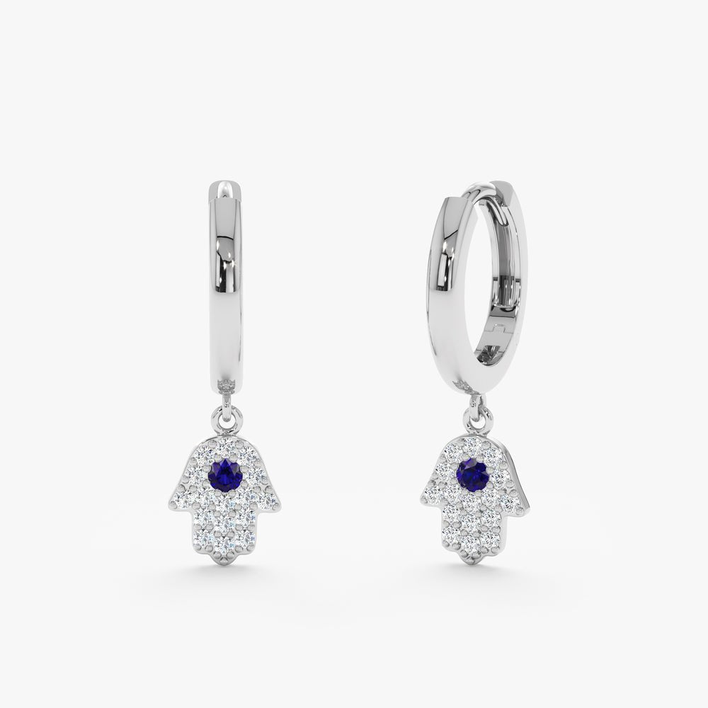 Solid Gold Diamond Sapphire Hamsa Huggies
