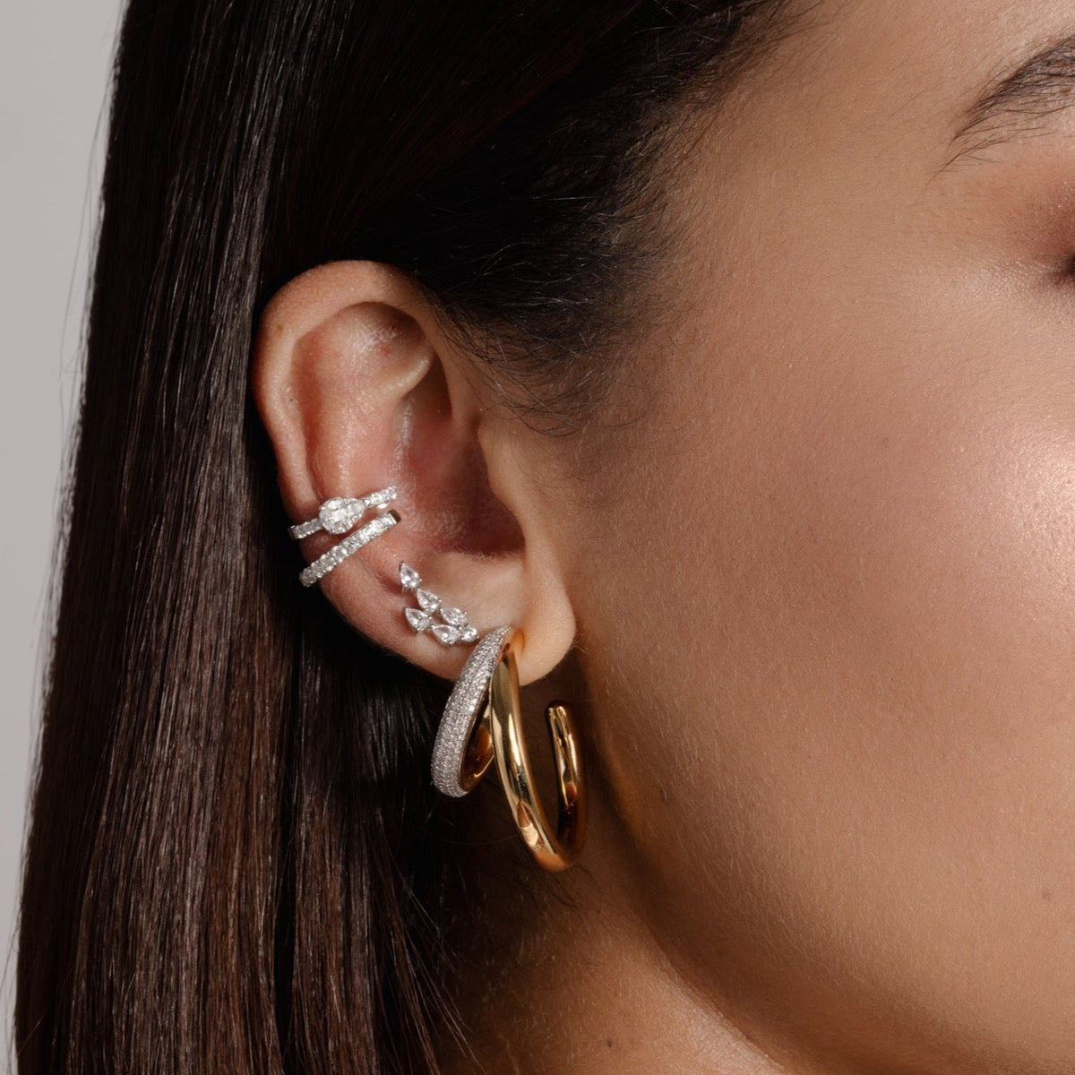 Solid Gold Diamond Double Line Open Hoop Earrings
