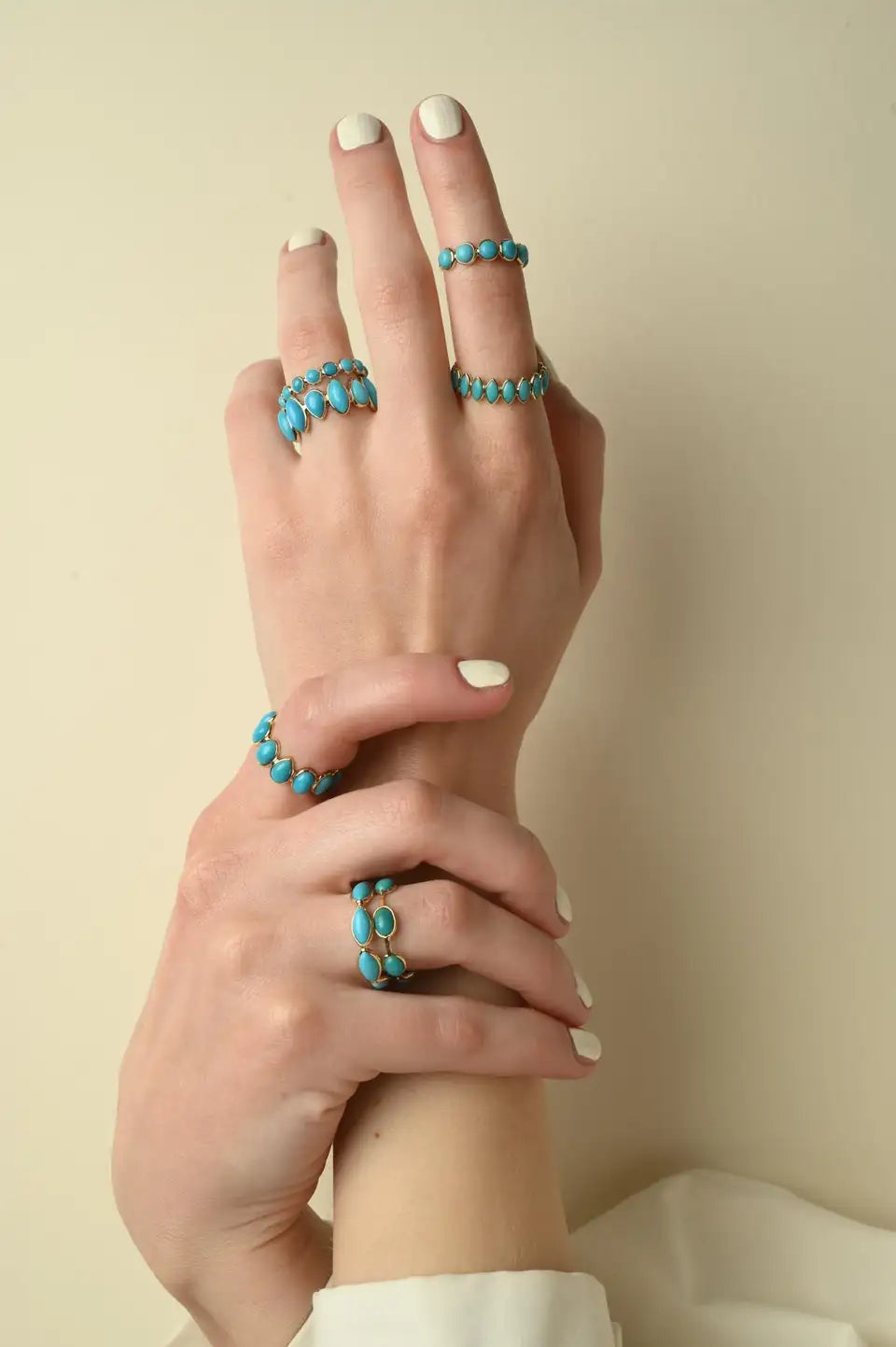 Solid Gold Round Turquoise Half Eternity Band Ring