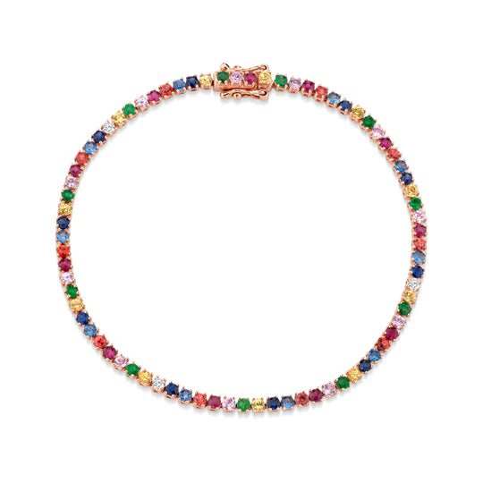 Solid Gold Small Multi-Colored Fine Gemstone And Diamond Hepburn Bracelet