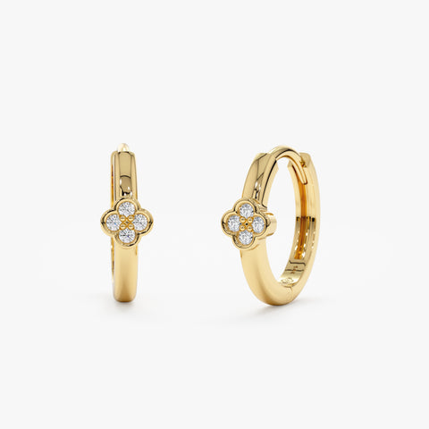 Solid Gold Solid Dainty Diamond Clover Huggies