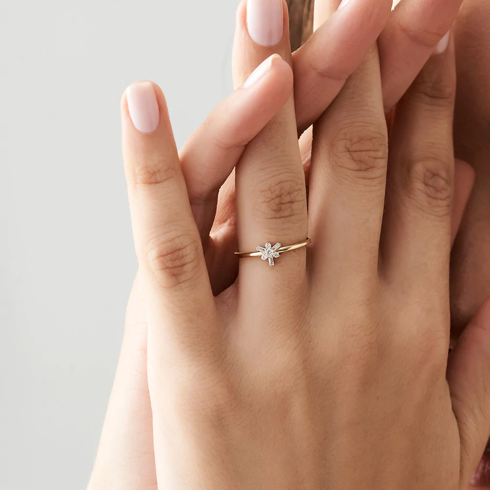 Solid Gold Triangle Shape Baguette & Round Diamond Stacking Ring