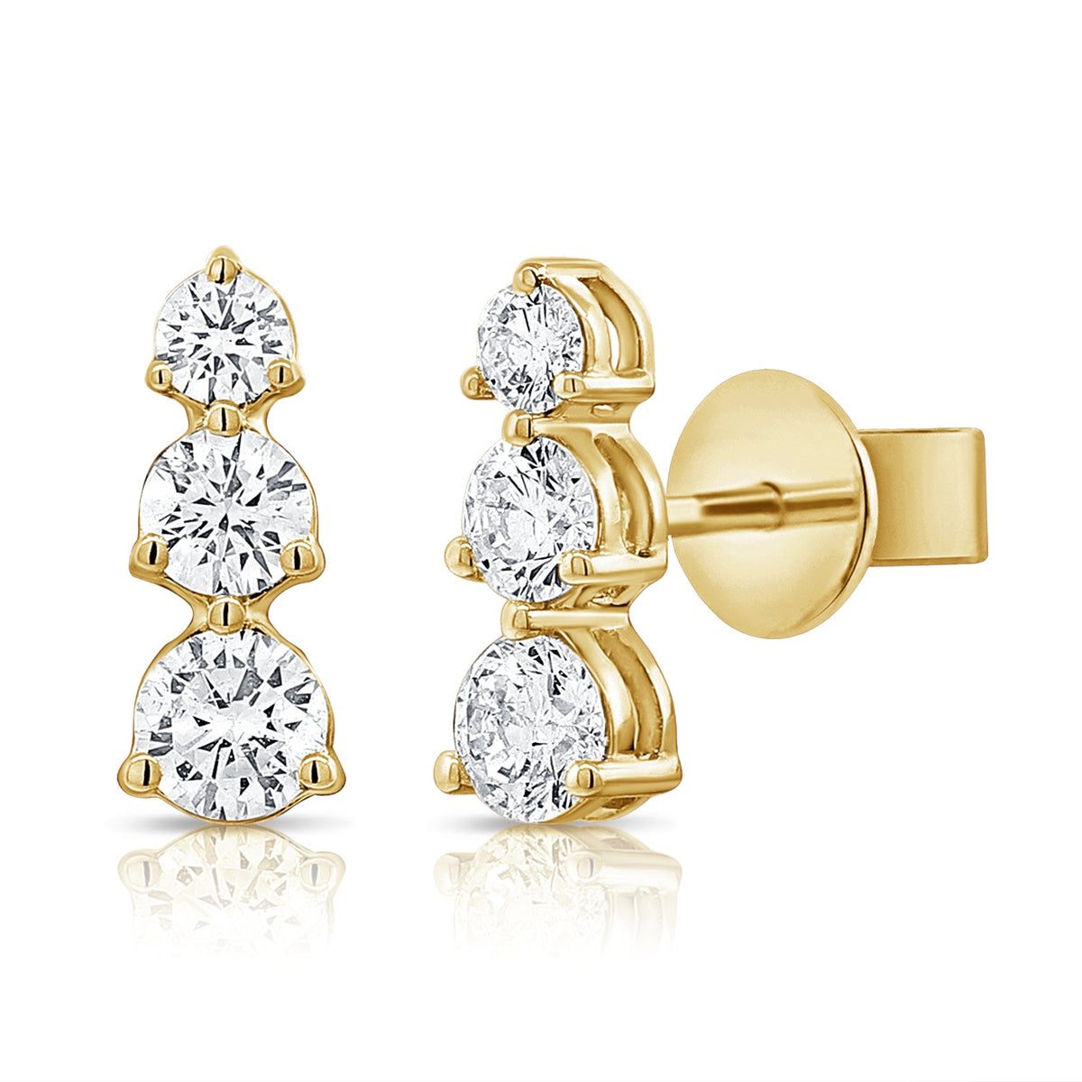Solid Gold Triple Graduated Diamond Bar Stud Earring