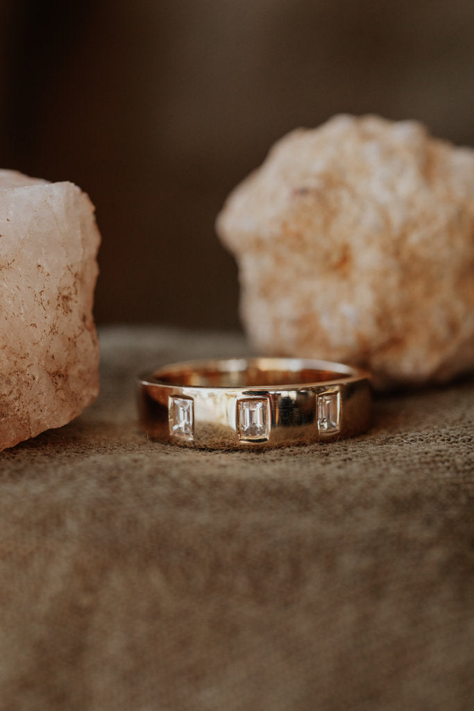 Solid Gold Three Baguette Diamond Hammer Set Wide Band