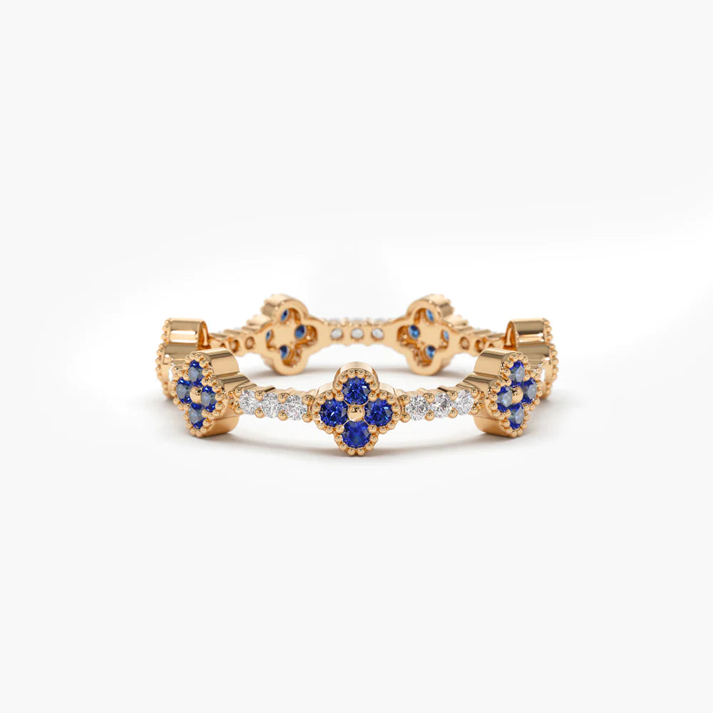 Solid Gold Full Eternity Clover Sapphire and Diamond Ring