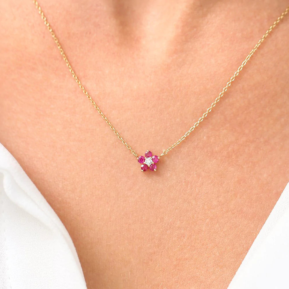 Solid Gold Ruby and Diamond Flower Charm Necklace