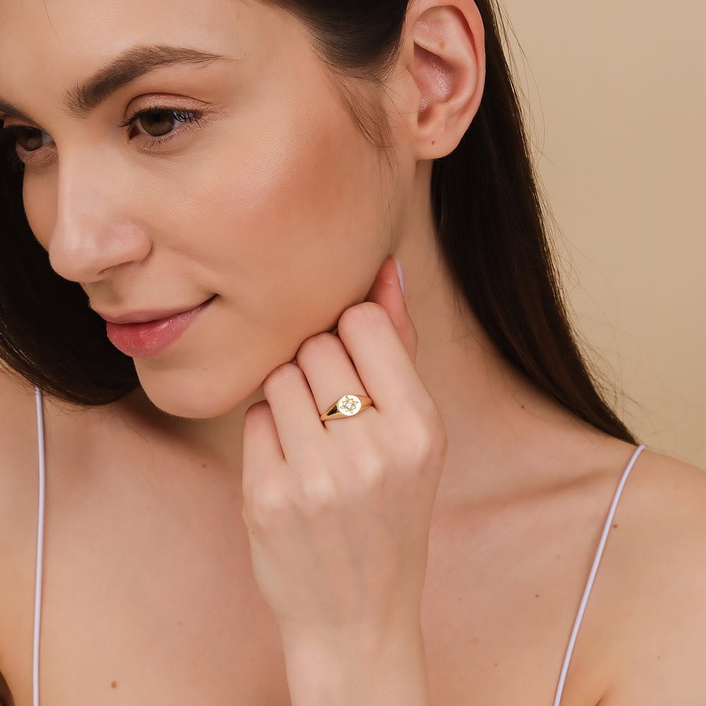 Solid Gold Diamond Starburst Signet Ring