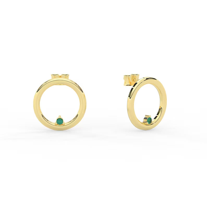 Solid Gold Open Circle Natural Emerald Earrings (EF4658)