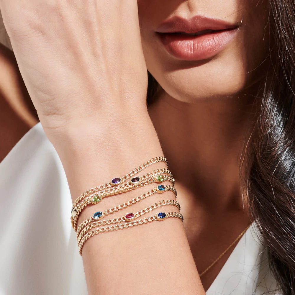 Solid Gold Cuban Link Bracelet Bezel Setting Peridot Bangles