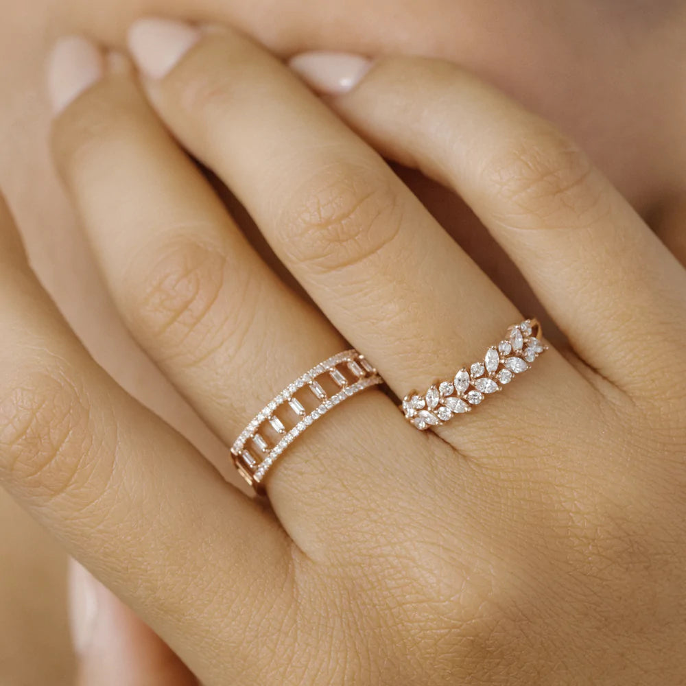 Solid Gold Two Row Marquise & Round Diamond Ring