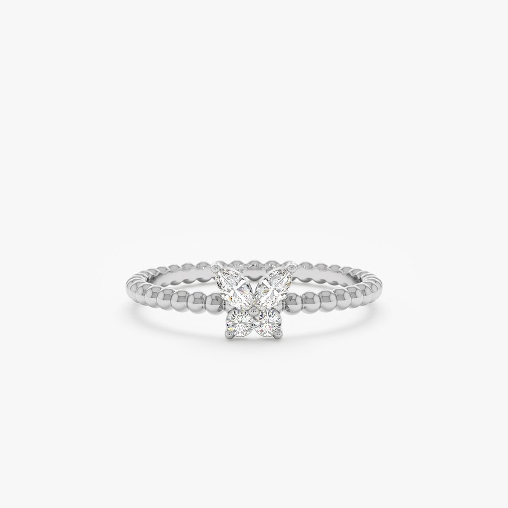 14K Solid Gold Beaded Diamond Butterfly Ring