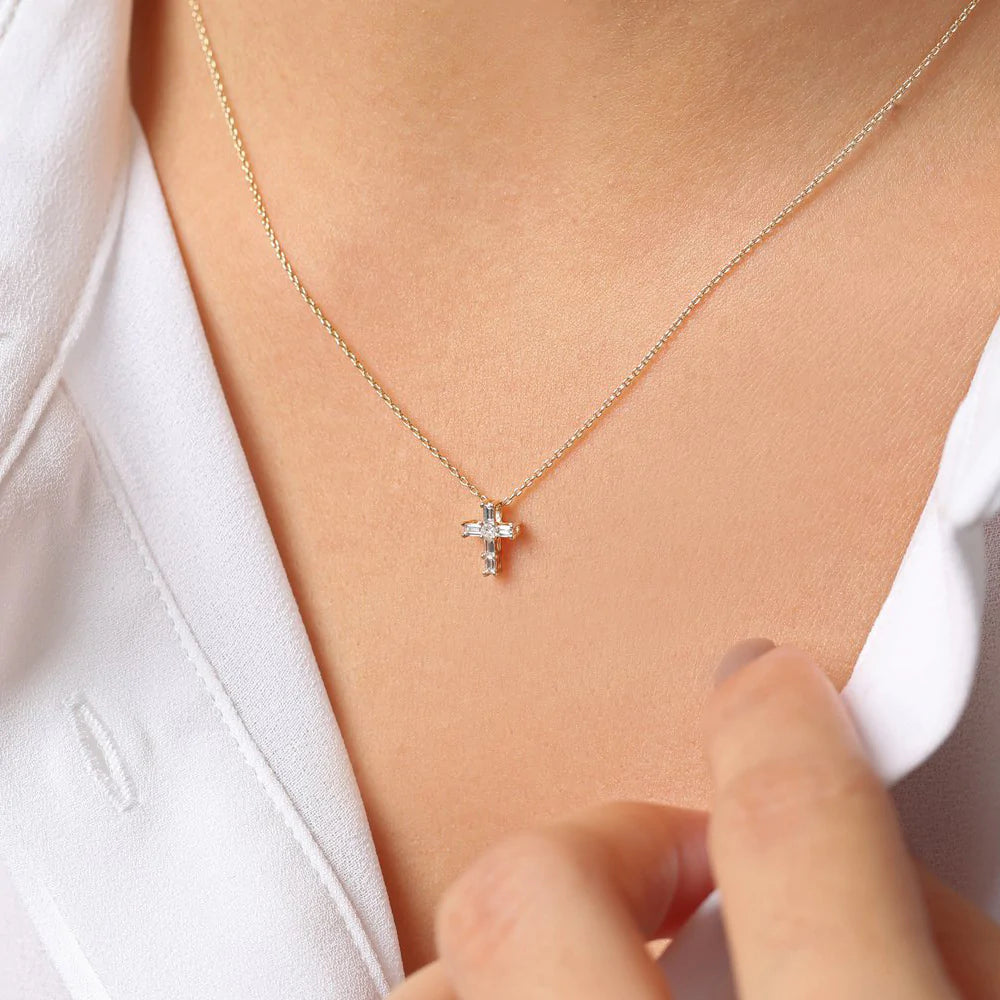 Solid Gold Baguette Diamond Tiny Cross Necklace