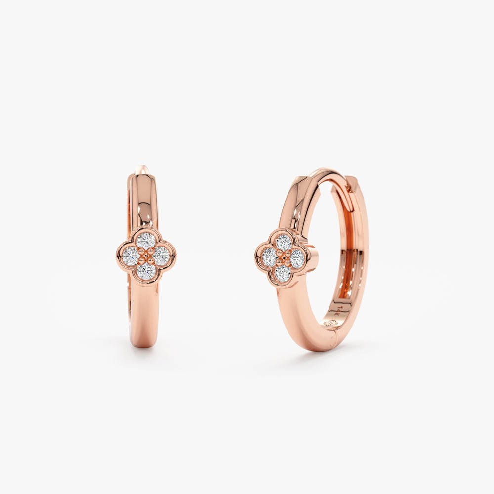 Solid Gold Solid Dainty Diamond Clover Huggies