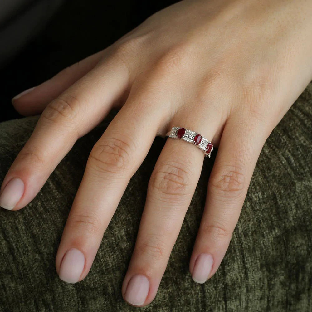 Solid Gold Baguette & Round Diamond with Genuine Ruby Ring