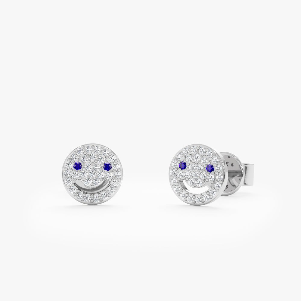 Solid Gold Diamond Sapphire Happy Face Studs
