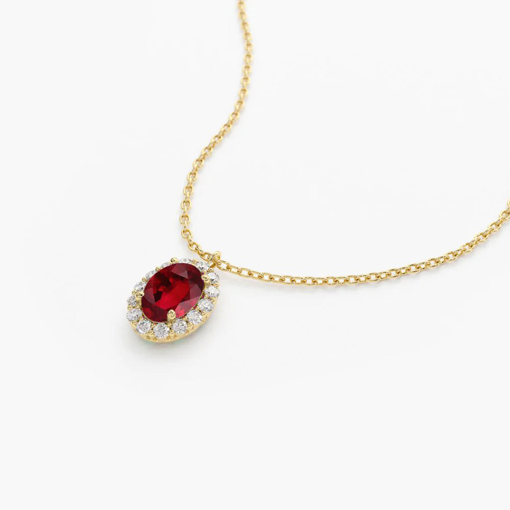 Solid Gold Oval Cut Ruby Halo Diamond Necklace