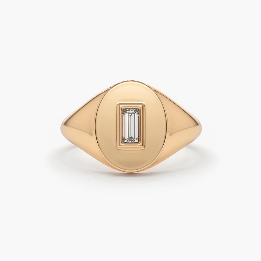Solid Gold Baguette Diamond Signet Ring (C5F8F2)