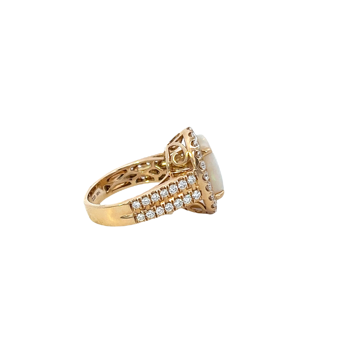 Solid Gold Round Cut Diamond And Oval Opal Center Ring