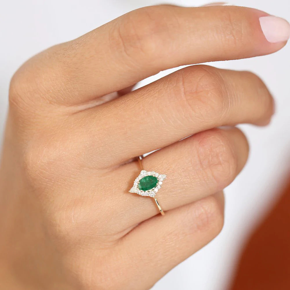 Solid Gold Oval Emerald and Diamond Bell Ring