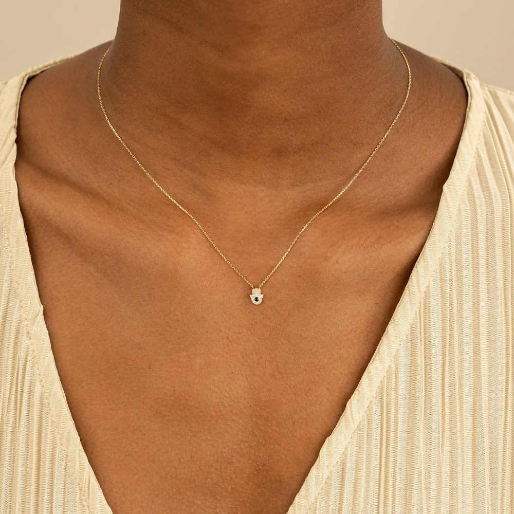 Solid Gold Sapphire & Diamonds Hamsa Necklace (03ECDB)
