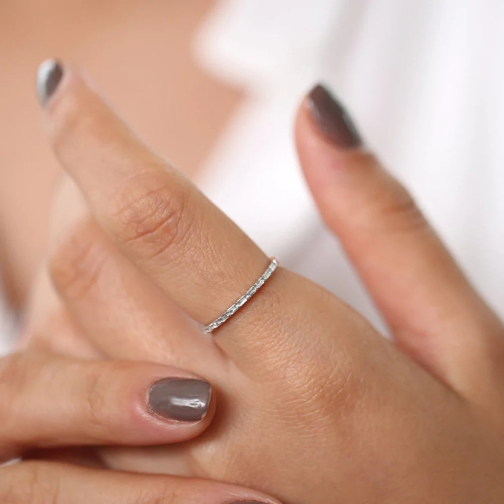 Solid Gold Ultra Thin Half Eternity Baguette Diamond Stackable Ring
