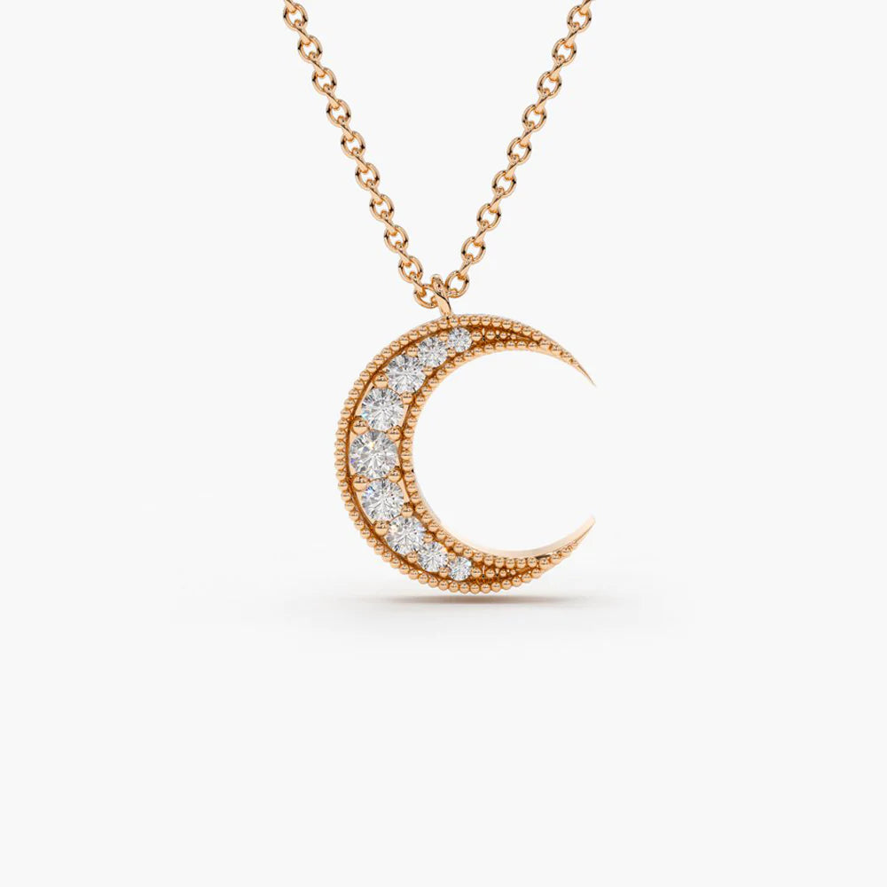 Solid Gold Mini Crescent Moon Diamond Necklace