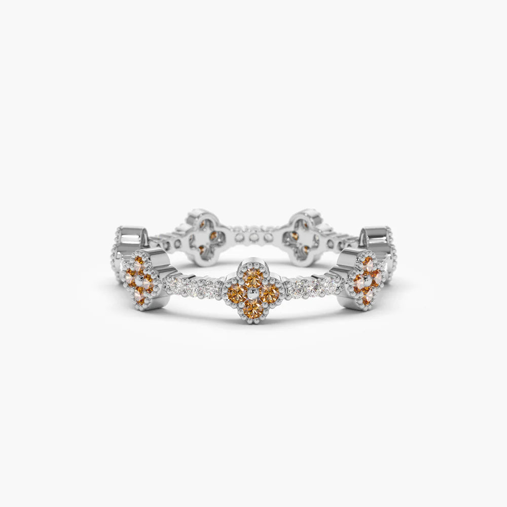 Solid Gold Full Eternity Clover Citrine and Diamond Ring