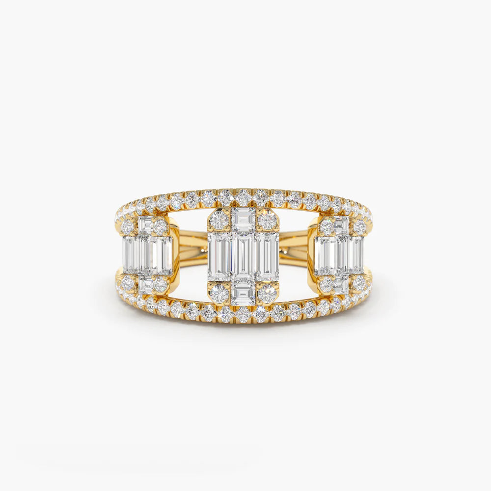 Solid Gold Baguette and Round Diamond Illusion Setting Cocktail Ring